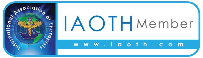 May include: A rectangular badge with a blue border featuring the text IAOTH Member and www.iaoth.com. On the left, a circular logo displays a globe, a golden winged caduceus, and a dark blue silhouette of a person in a seated meditation pose.