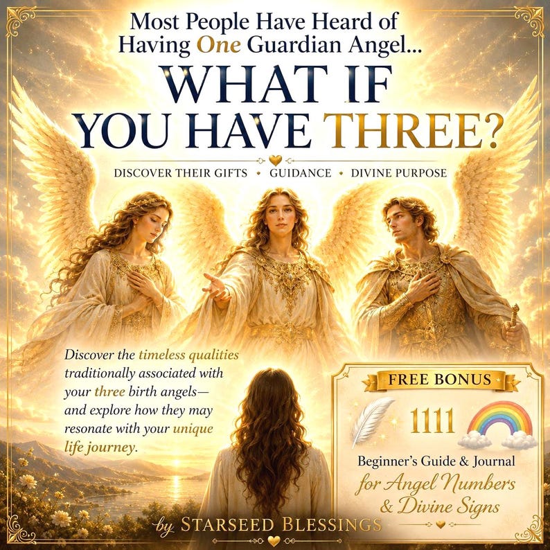 May include: A digital graphic featuring three winged angels in golden robes above a person with long hair. Text reads: Most People Have Heard of Having One Guardian Angel... WHAT IF YOU HAVE THREE? Includes a free bonus guide for angel numbers.