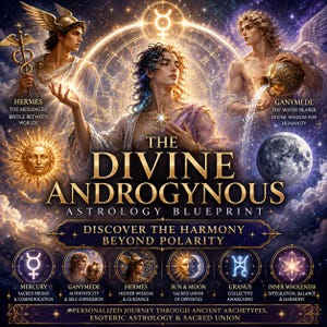 May include: A digital illustration titled The Divine Androgynous Astrology Blueprint featuring Hermes and Ganymede flanking a central figure. The image includes celestial symbols, a sun, a moon, and text detailing archetypes, sacred union, and astrology.