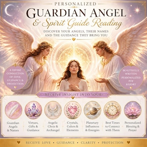May include: A digital graphic for a Personalized Guardian Angel & Spirit Guide Reading. It features two large angels with wings flanking a person with eyes closed. Text includes: Discover your angels, their names and the guidance they bring you.