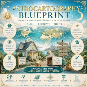 May include: An Astrocartography Blueprint graphic featuring a world map, a house, and a moving truck. Text includes: ASTROCARTOGRAPHY BLUEPRINT, DISCOVER WHERE THE WORLD SUPPORTS YOUR SOUL'S JOURNEY, ALIGN, RELOCATE, THRIVE, YOUR NEXT CHAPTER AWAITS, EXPLORE THE WORLD.