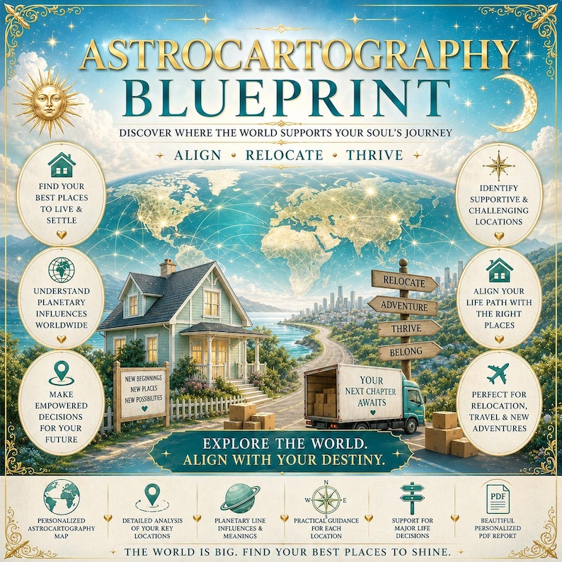 May include: An Astrocartography Blueprint graphic featuring a world map, a house, and a moving truck. Text includes: ASTROCARTOGRAPHY BLUEPRINT, DISCOVER WHERE THE WORLD SUPPORTS YOUR SOUL'S JOURNEY, ALIGN, RELOCATE, THRIVE, YOUR NEXT CHAPTER AWAITS, EXPLORE THE WORLD.