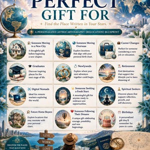 May include: A promotional graphic for a personalized astrocartography blueprint featuring a globe, a person with a backpack and hat, a passport, a compass, and twelve circular icons illustrating life events like moving, graduation, and retirement.