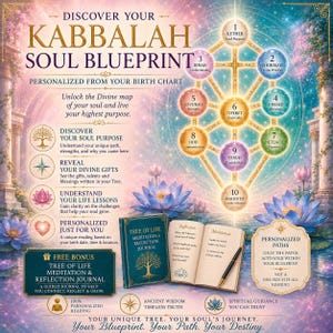 May include: A digital graphic titled Discover Your Kabbalah Soul Blueprint featuring a Tree of Life diagram with ten numbered spheres, a teal meditation journal, an open notebook with a pen, lotus flowers, and text detailing personalised readings.