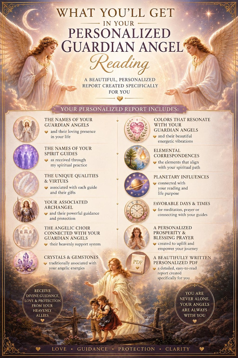 May include: A digital information sheet titled Personalized Guardian Angel Reading, featuring illustrations of angels and a list of report contents including names of guardian angels, spirit guides, archangels, crystals, colors, and planetary influences.