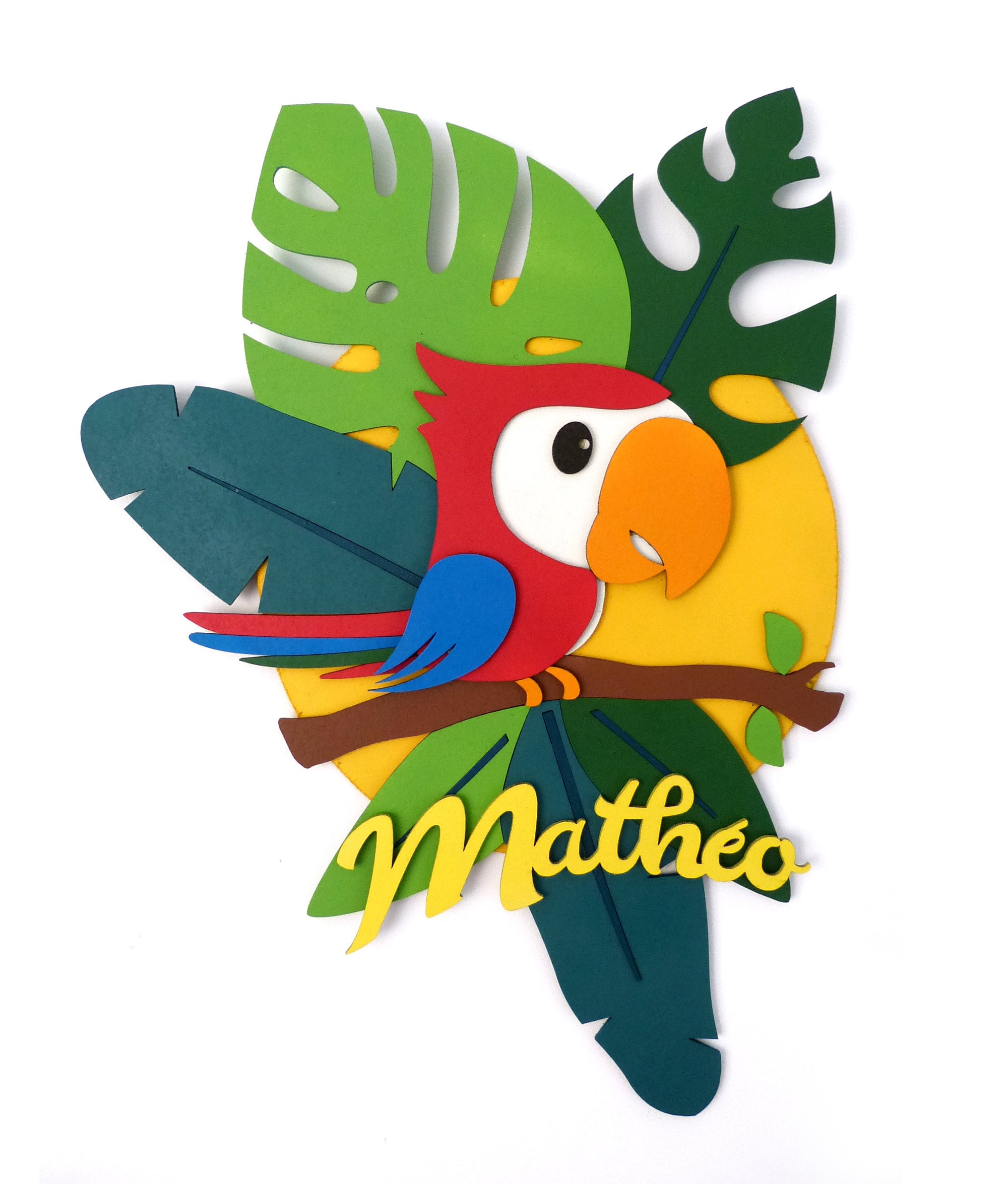 Décoration en Bois Perroquet Jungle Personnalisée avec Prénom Enfant