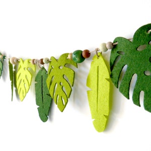 Jungle garland with wooden beads and felt monstera and palm leaves