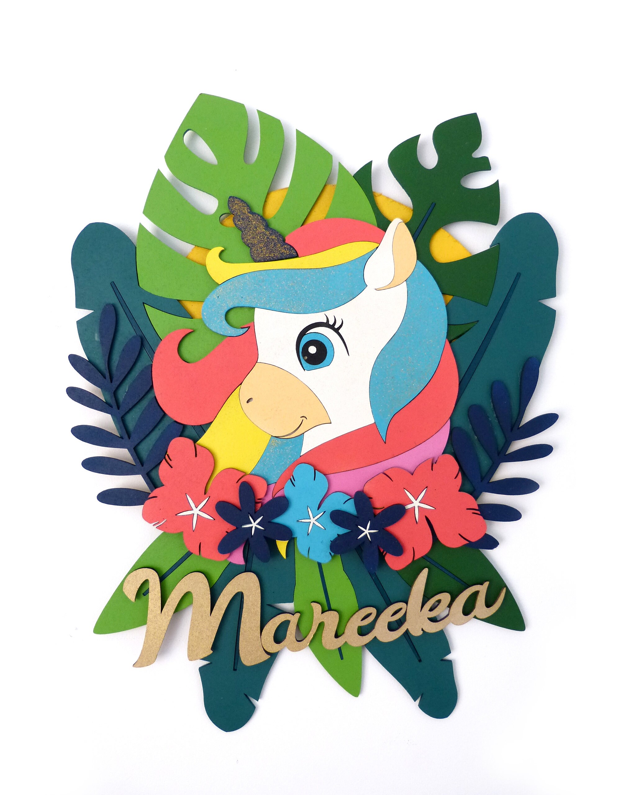 Décoration en Bois Licorne Jungle Personnalisée avec Prénom Enfant