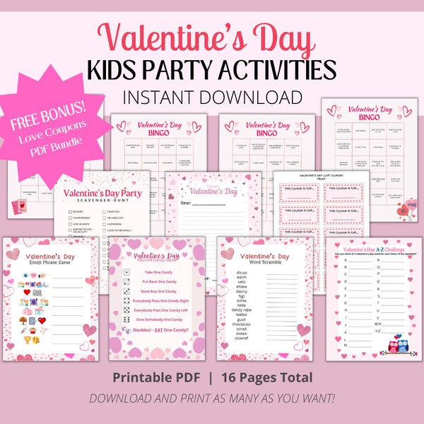 Valentinstag Kinder-Party druckbare Aktivitäten Spiele Arbeitsblätter Spaß erstellen Make Adorable Love Gutscheine Buchstaben Geschenke Bingo Scavenger Hunt