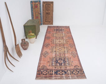Turkish Handmade Runner Rug, Vintage Faded Runner Rug, Oushak Eclectic Runner Rug, Bohemian Rug, Kitchen Runner, Runner Rug 3x11, 13880