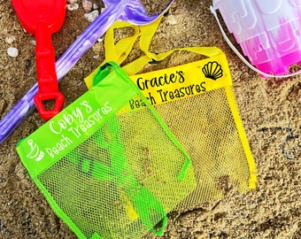 Personalised Beach Treasure Mesh Bag - Available in 5 Bright Colours - Shell Collecting Bag