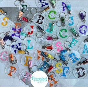 Class Set of 30 Personalised Key-rings - Brilliant end of term gift - Each Child's Initial and Name in a bright colour on a acrylic keyring.