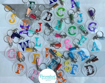 Class Set of 30 Personalised Key-rings - Brilliant end of term gift - Each Child's Initial and Name in a bright colour on a acrylic keyring.