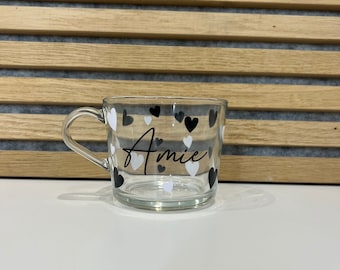 Personalised Heart  Mug ,Personalised mug, Personalised glass mug, hearts, Glass mug, Personalised gift, Birthday gifts, Gift for her