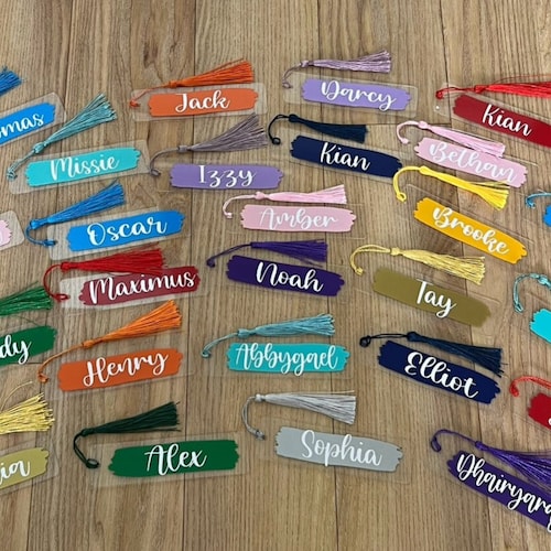 Class Set of 30 Personalised Bookmarks - Brilliant end of term gift - Each Child's Name in a bright colour on a acrylic bookmark.