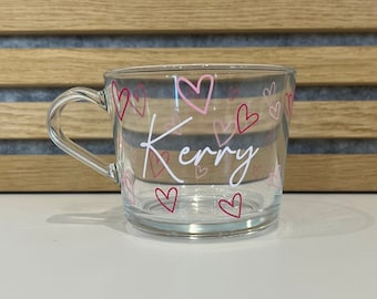 Personalised Heart Mug ,Personalised Mug, Personalised Glass Mug, Hearts, Personalised gift, Name gift, Birthday gifts, Valentine’s Day