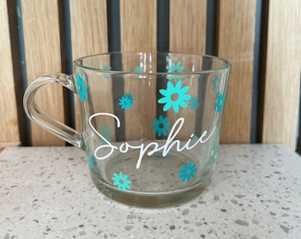 Personalised Flower Mug ,Personalised mug, Personalised glass mug, Flowers, Personalised gift, Name gift, Birthday gifts Gifts for Her
