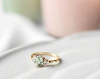 Oval Cut Prasiolite Ring, 14K Gold Green Amethyst Engagement Ring