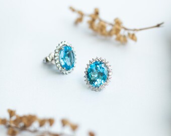 Halo Swiss Blue Topaz Earrings | Oval Cut Sterling Silver Studs