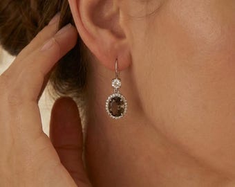 Smoky Quartz Drop Earrings in 925 Silver, Halo Dangle Earrings, Brown Gemstone Earrings, Elegant Bridal Jewelry, Minimal Luxury Gift for Her