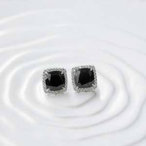 Elegant Black Onyx Halo Cushion Cut Earrings in 925 Silver – Vintage-Inspired Statement Jewelry, Gift for Her, Bold Black Gemstone Studs