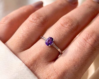 Oval Amethyst Ring, Minimalist Silver Band, February Birthstone Jewelry