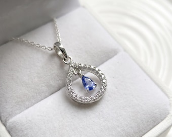Sterling Silver Tanzanite Teardrop Pendant Necklace, Pear Cut Halo, December Birthstone Gift