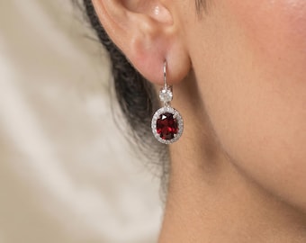 Dainty Oval Garnet Drop Earrings, 925 Sterling Silver, Minimalist January Birthstone Jewelry