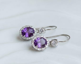 Dainty Oval Amethyst Drop Earrings, 925 Sterling Silver, Minimalist February Birthstone Jewelry