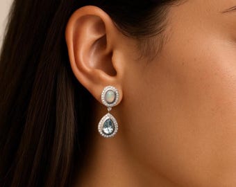Blue Topaz and Opal Drop Earrings: Sterling Silver Teardrop Gemstone Jewelry