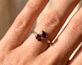 Pear Cut Garnet Toi et Moi Ring, Sterling Silver January Birthstone Bypass Ring