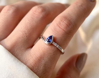 Pear-Shaped Tanzanite Ring, Sterling Silver, Dainty Blue Gemstone Jewelry