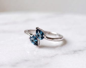 London Blue Topaz Toi et Moi Ring, Pear Cut Sterling Silver, December Birthstone Gift