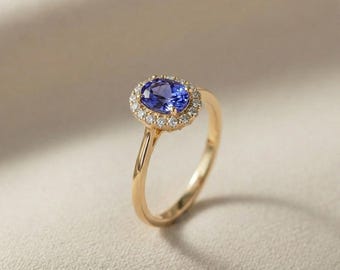 Oval Tanzanite Diamond Halo Ring 14K Gold | December Birthstone Engagement Ring