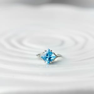 Swiss Blue Topaz Ring in Sterling Silver - Princess Cut Gemstone - Elegant Blue Ring - December Birthstone Jewelry - Minimalist Silver Ring