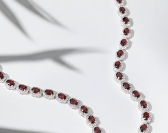 Oval Garnet Halo Tennis Necklace | Sterling Silver, January Birthstone Statement Jewelry