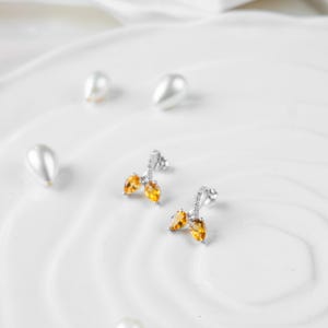 Citrine Stud Earrings in 925 Sterling Silver | Teardrop Yellow Gemstone Earrings | Dainty November Birthstone Jewelry Gift for Her