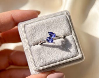 Pear Cut Tanzanite Ring | Sterling Silver Bypass Design, December Birthstone Jewelry