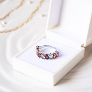 Elegant Multi-Color Tourmaline Ring | Silver Band with Tourmaline Gemstones | October Birthstone Ring | Rainbow Stacking Ring | Gift for Her