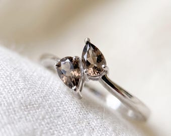 Smoky Quartz Toi et Moi Ring, Two Stone Gemstone Ring, Sterling Silver Ring, Oval Smoky Quartz Ring, Minimalist Promise Ring, Gift for Her
