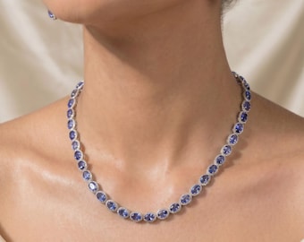 Tanzanite Necklace, Oval Blue Gemstone Necklace, Halo Tennis Style Necklace, December Birthstone Jewelry, Luxury Gift for Her