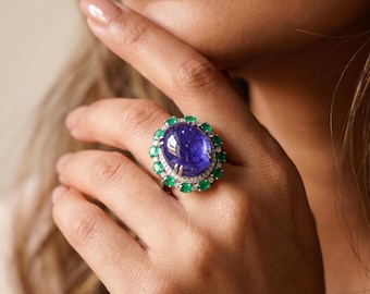 Large Tanzanite Cabochon Ring with Emerald & Diamond Halo | 925 Sterling Silver Statement Cocktail Ring | December Birthstone Luxury Gift