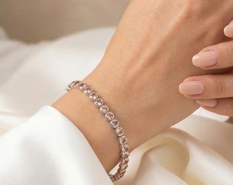 Bezel Set Morganite Tennis Bracelet, Sterling Silver, Peach Pink Gemstone, Dainty Stackable, October Birthstone