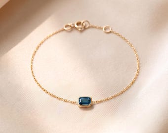 14K Gold London Blue Topaz Bezel Bracelet, Emerald Cut, Minimalist Layering