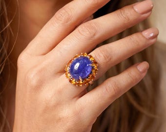 Large Tanzanite Cabochon Ring with Citrine Halo | Sterling Silver Statement Cocktail Ring