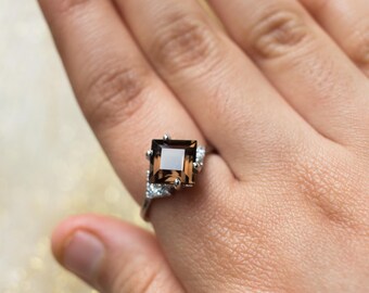 Smoky Quartz Halo Ring – Sterling Silver Cocktail Ring