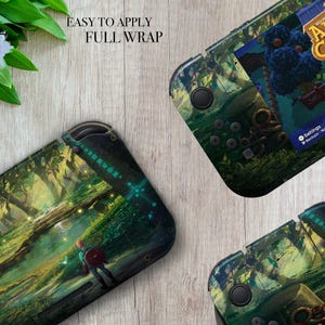 May include: Three Nintendo Switch consoles with custom skins. The skins feature a forest scene and an Animal Crossing game interface. The text "EASY TO APPLY FULL WRAP" and "Sweet Wild Designs" are visible.