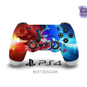 May include: A custom designed PlayStation 4 controller with a red and blue design featuring the characters Sonic and Shadow the Hedgehog. The controller has a white background with a galaxy-like design.