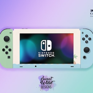 May include: A light blue and green Nintendo Switch console with a tropical island design. The console has a white screen with the Nintendo Switch logo and text. The console is on a light blue and purple background.
