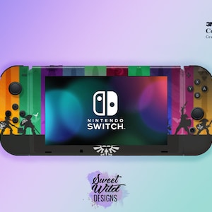 Könnte beinhalten: Eine Nintendo Switch-Konsole mit einem individuellen Skin mit einem farbenfrohen Streifendesign und Silhouetten-Grafiken. Der Bildschirm zeigt das Nintendo Switch-Logo. Der Skin stammt von Sweet Wild Designs.